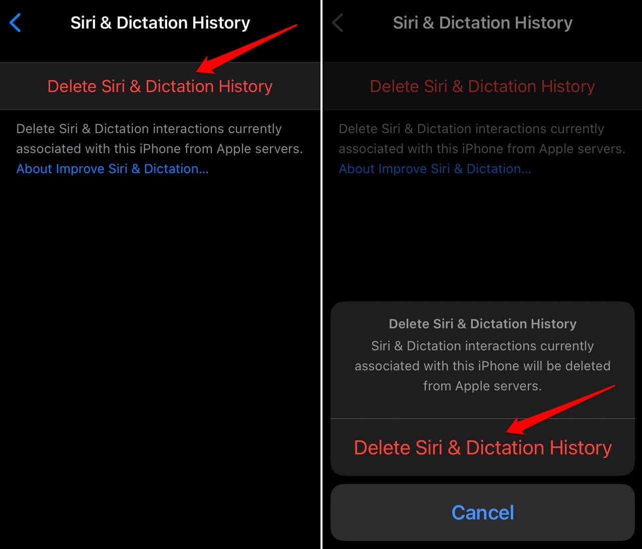 удалить Siri и историю диктовок