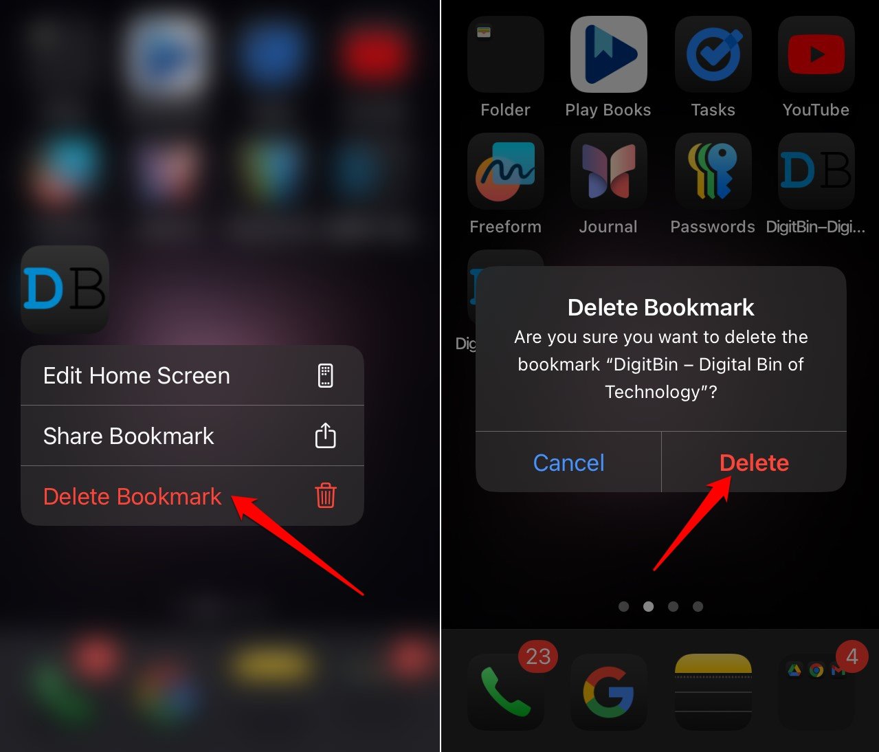 delete a site shortcut on iPhone home screen