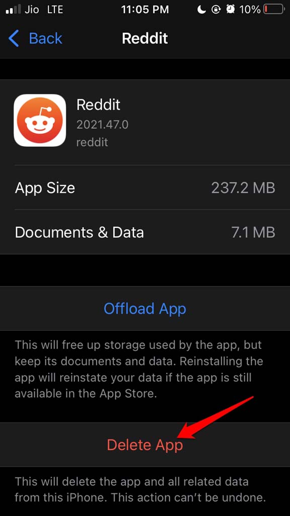 delete app from Settings