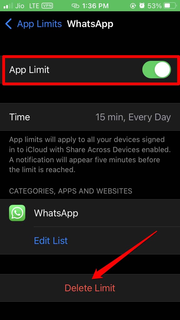 delete app limit for WhatsApp