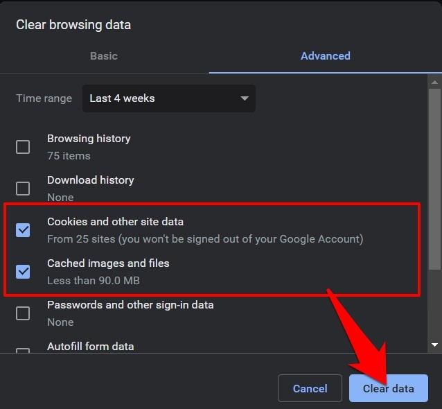 delete chrome cache and data