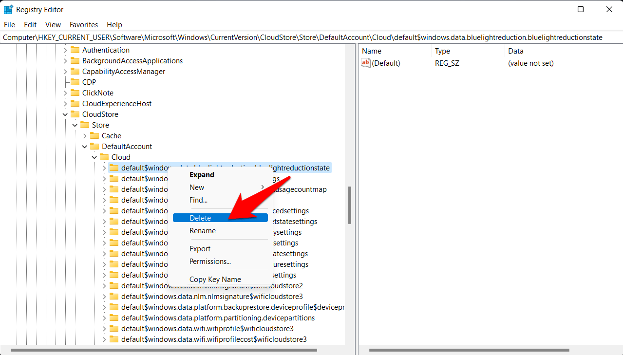 delete night light registry editor value in windows 11