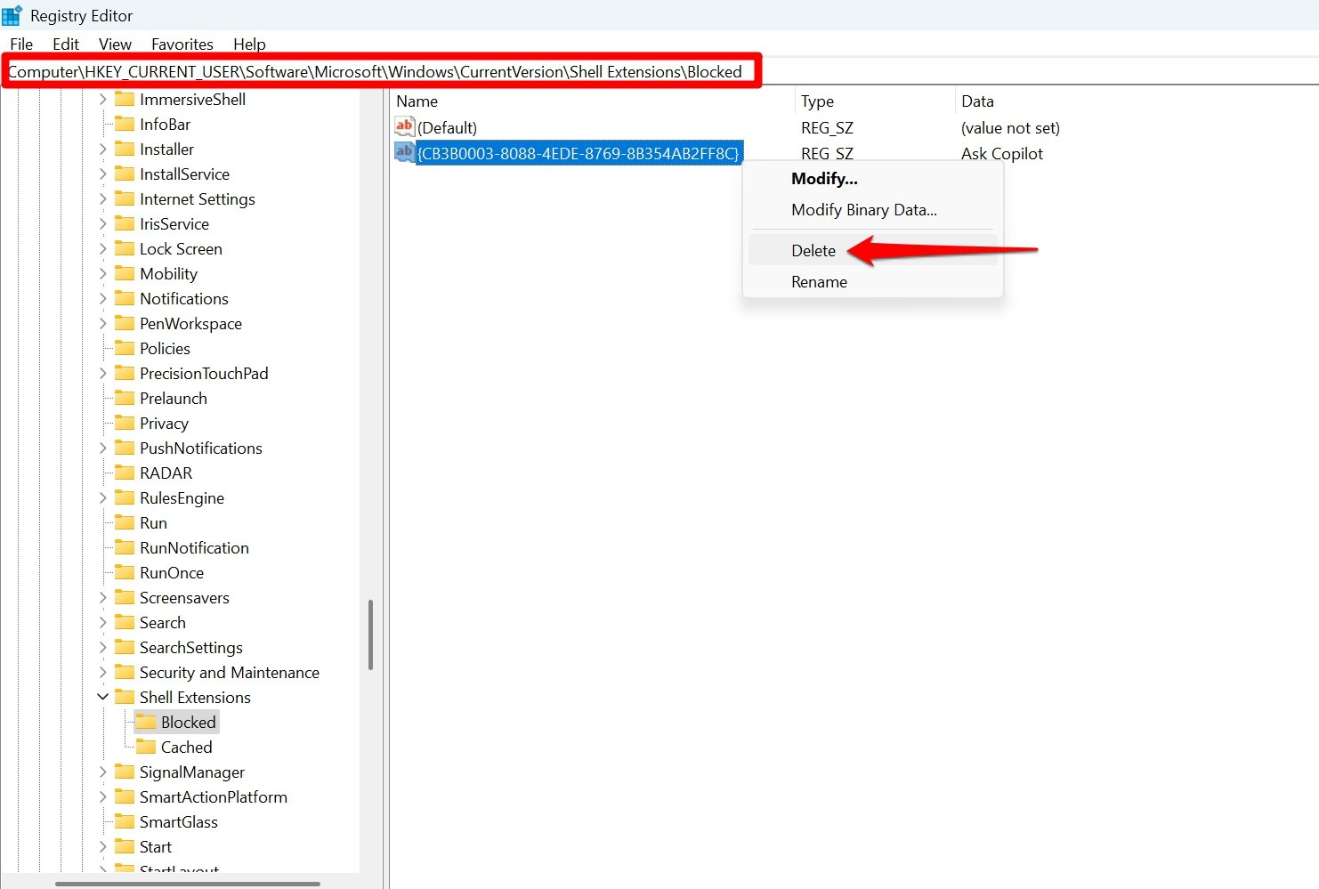 delete the registry entry to enable ask copilot in File Explorer