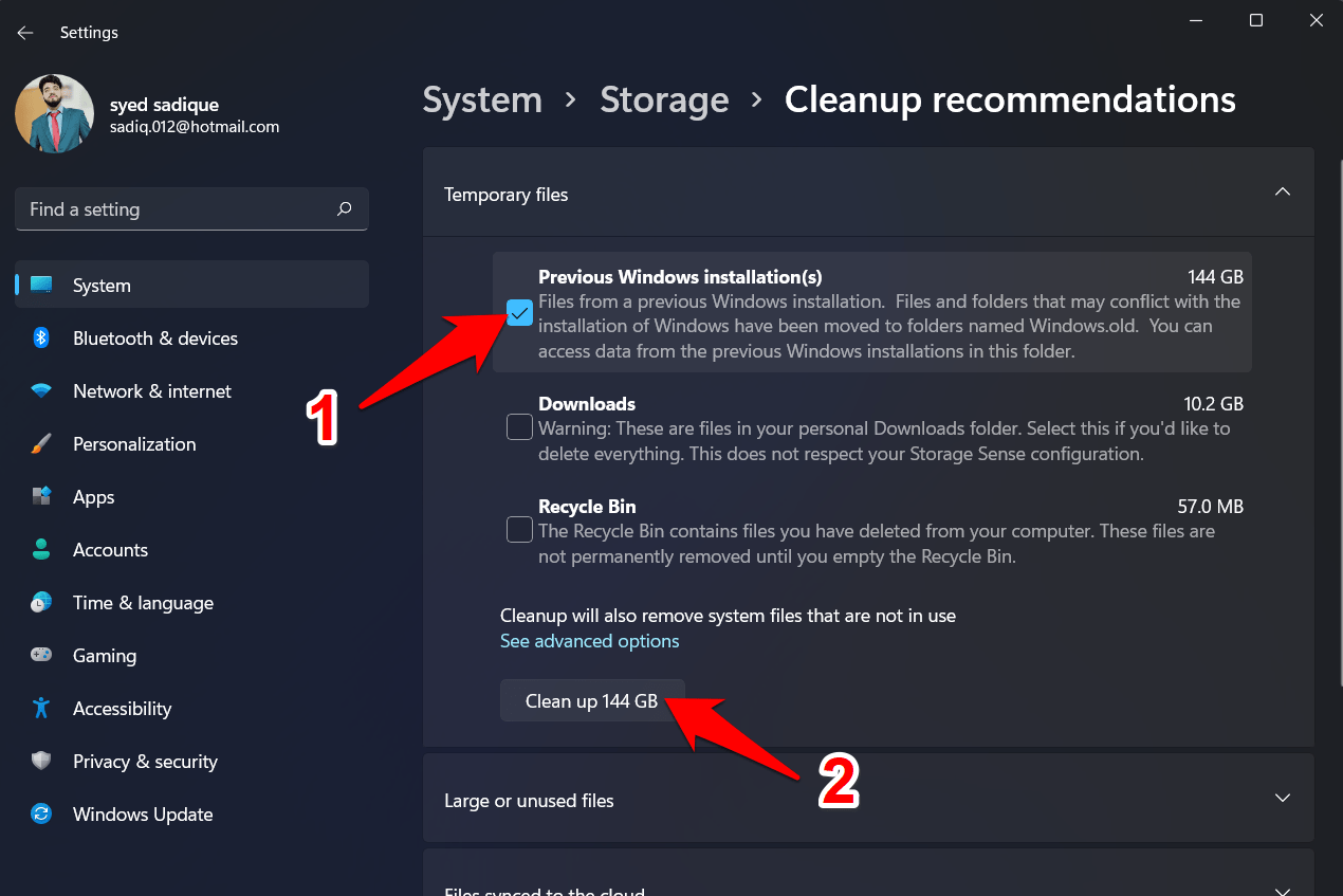 delete the windows.old folder in windows 11 via cleanup recommendations