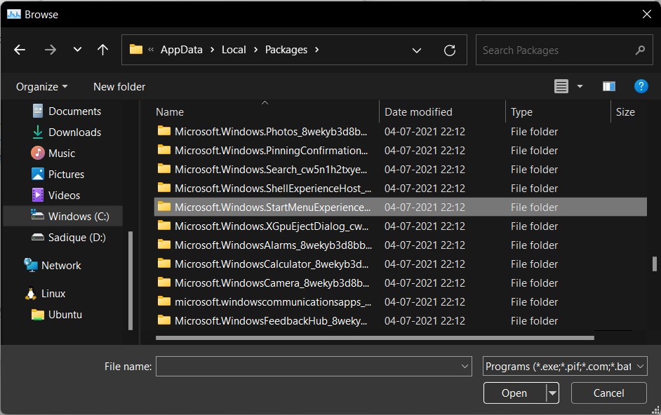 delete windows 11 start menu package