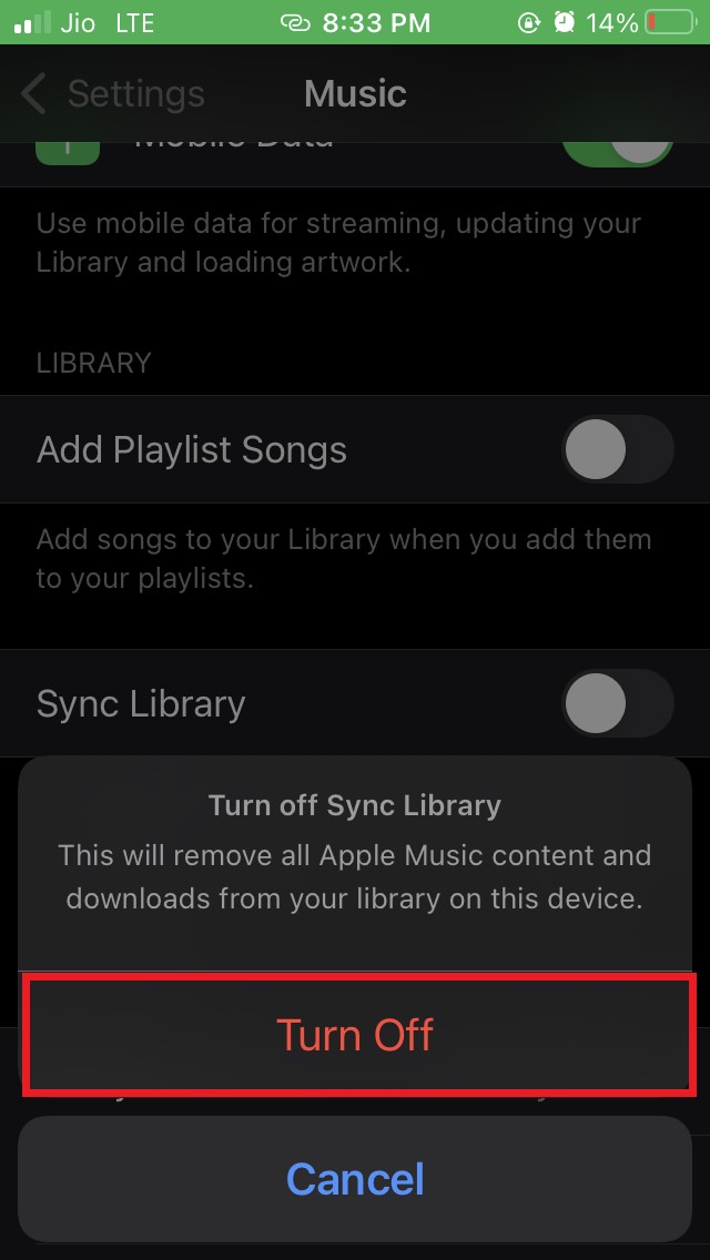 disable Apple Music library sync
