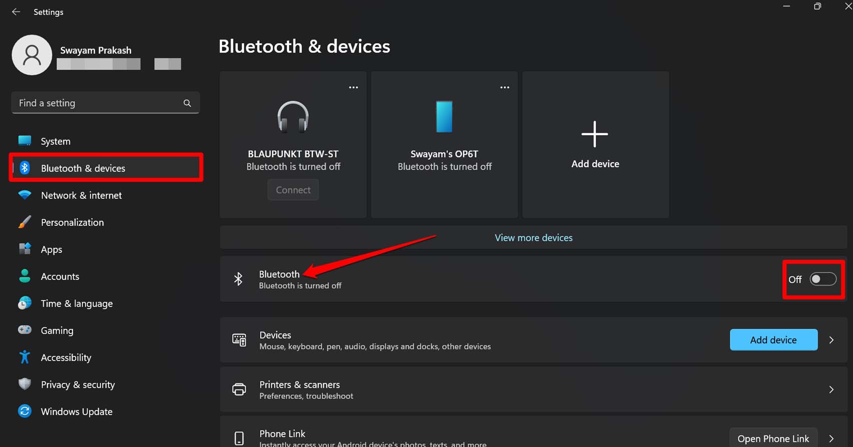 disable Bluetooth on Windows PC