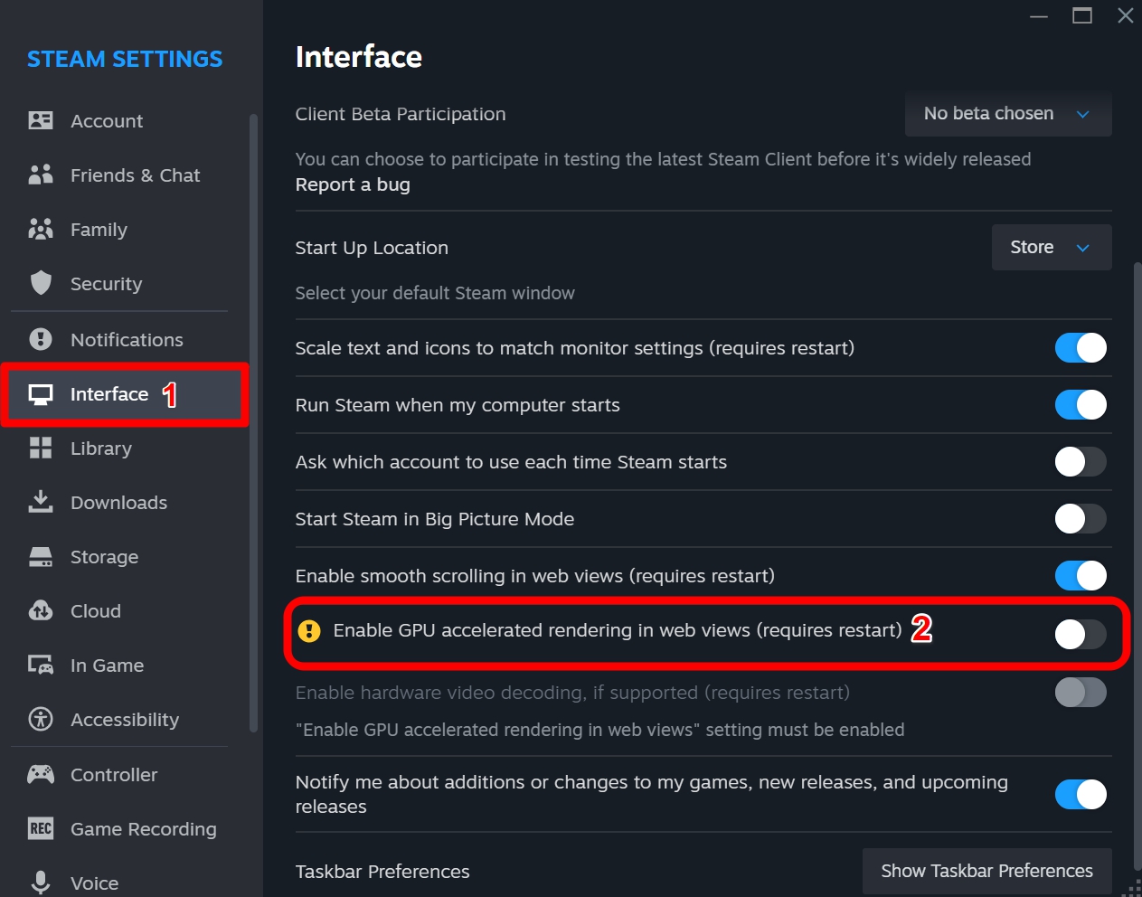 disable GPU accelerated rendering in Steam