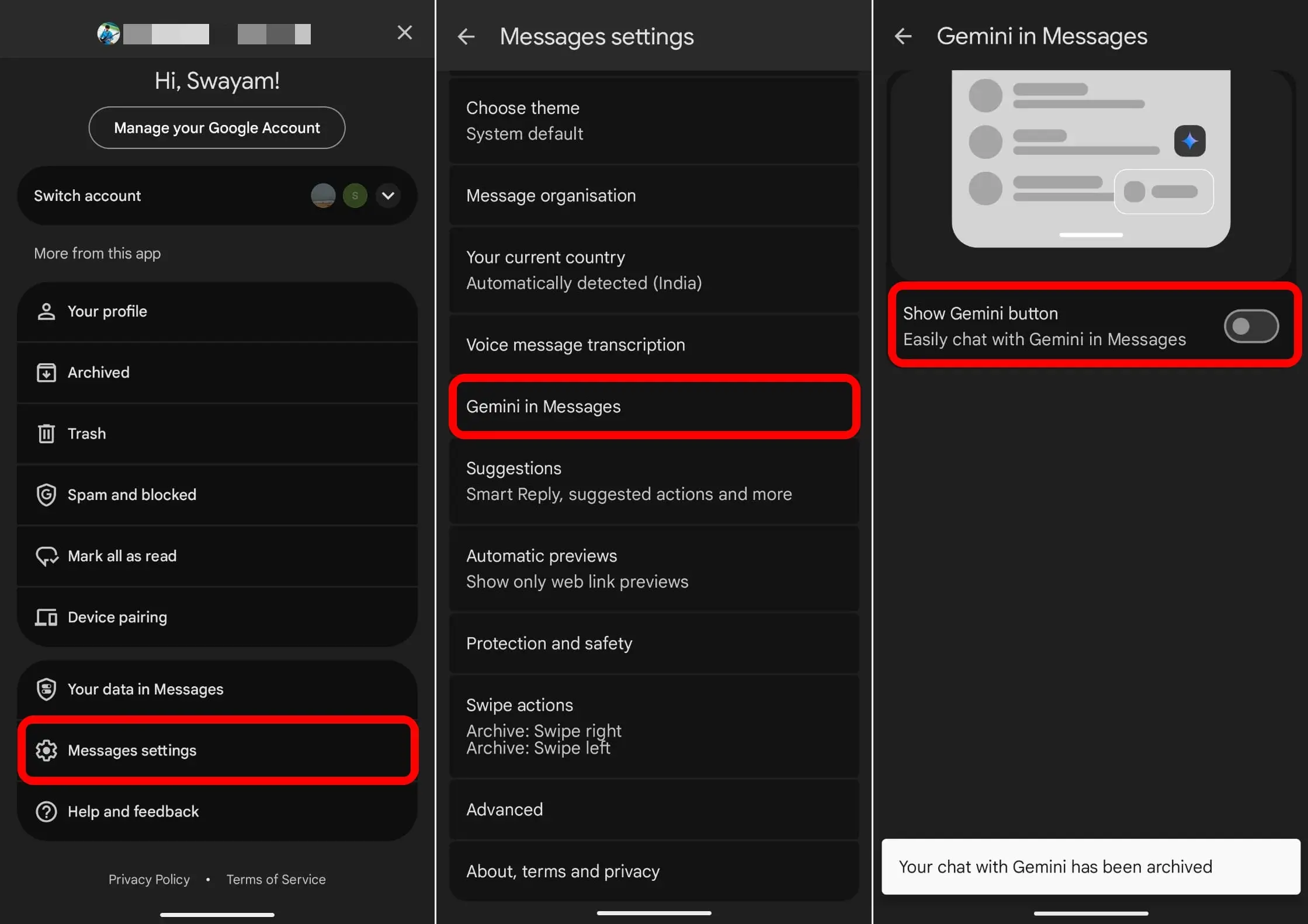disable Gemini button in Google Messages