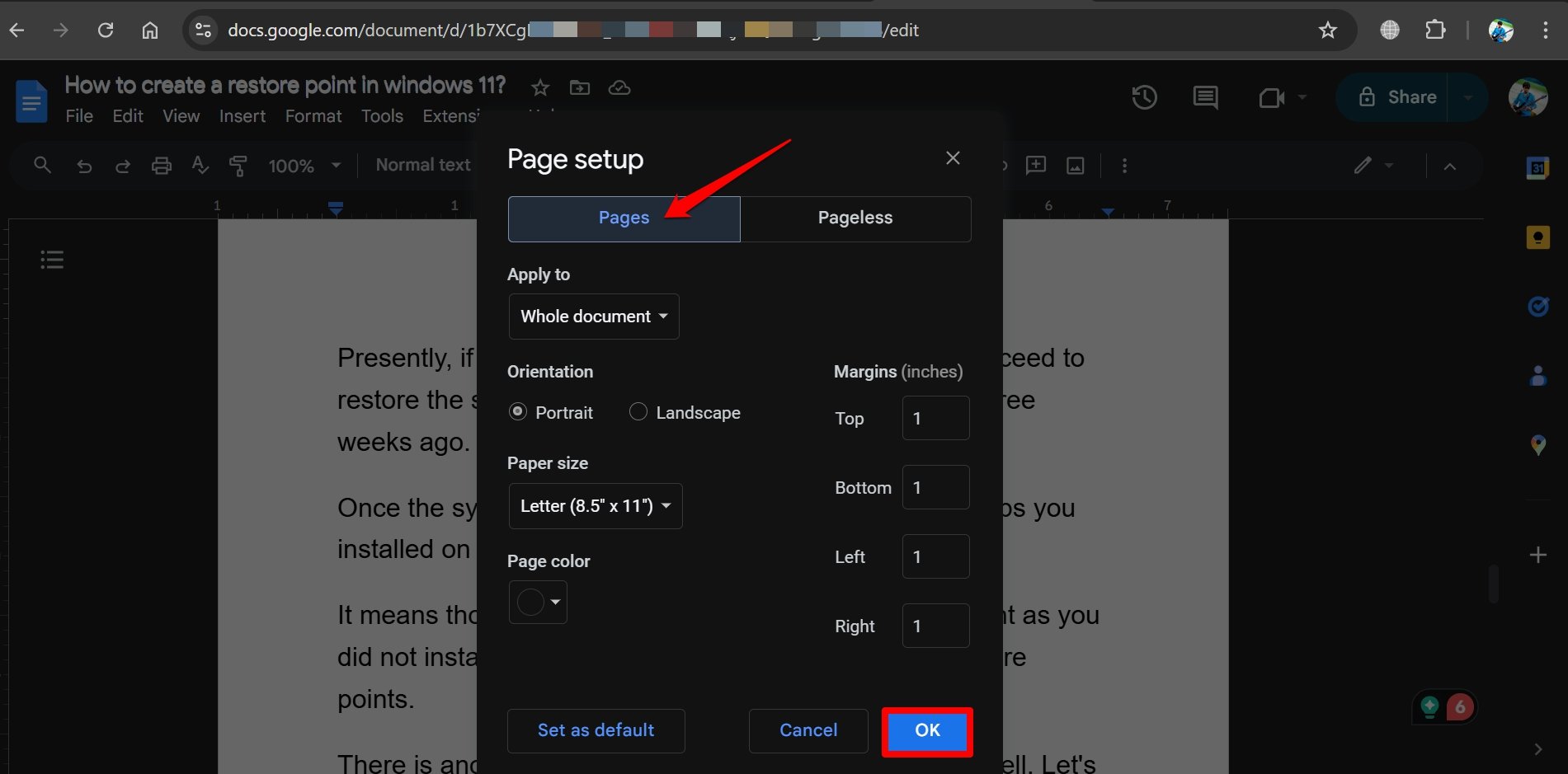 disable Google Docs pageless mode