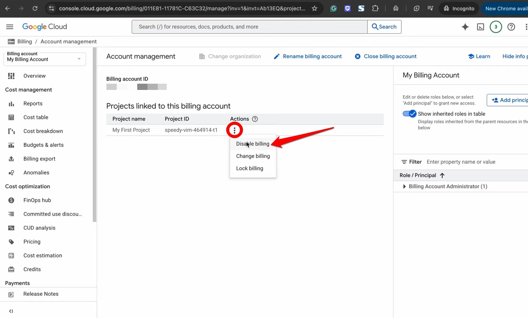 disable Google cloud billing