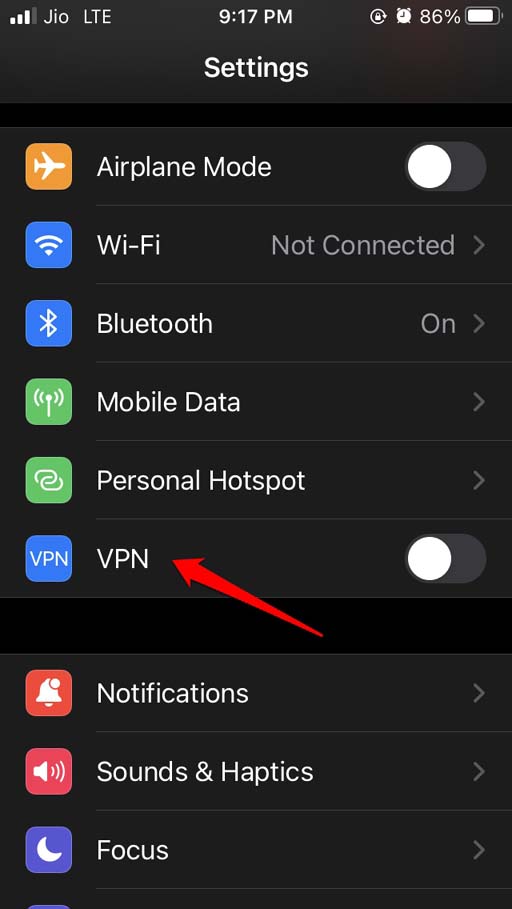 отключить VPN для iOS
