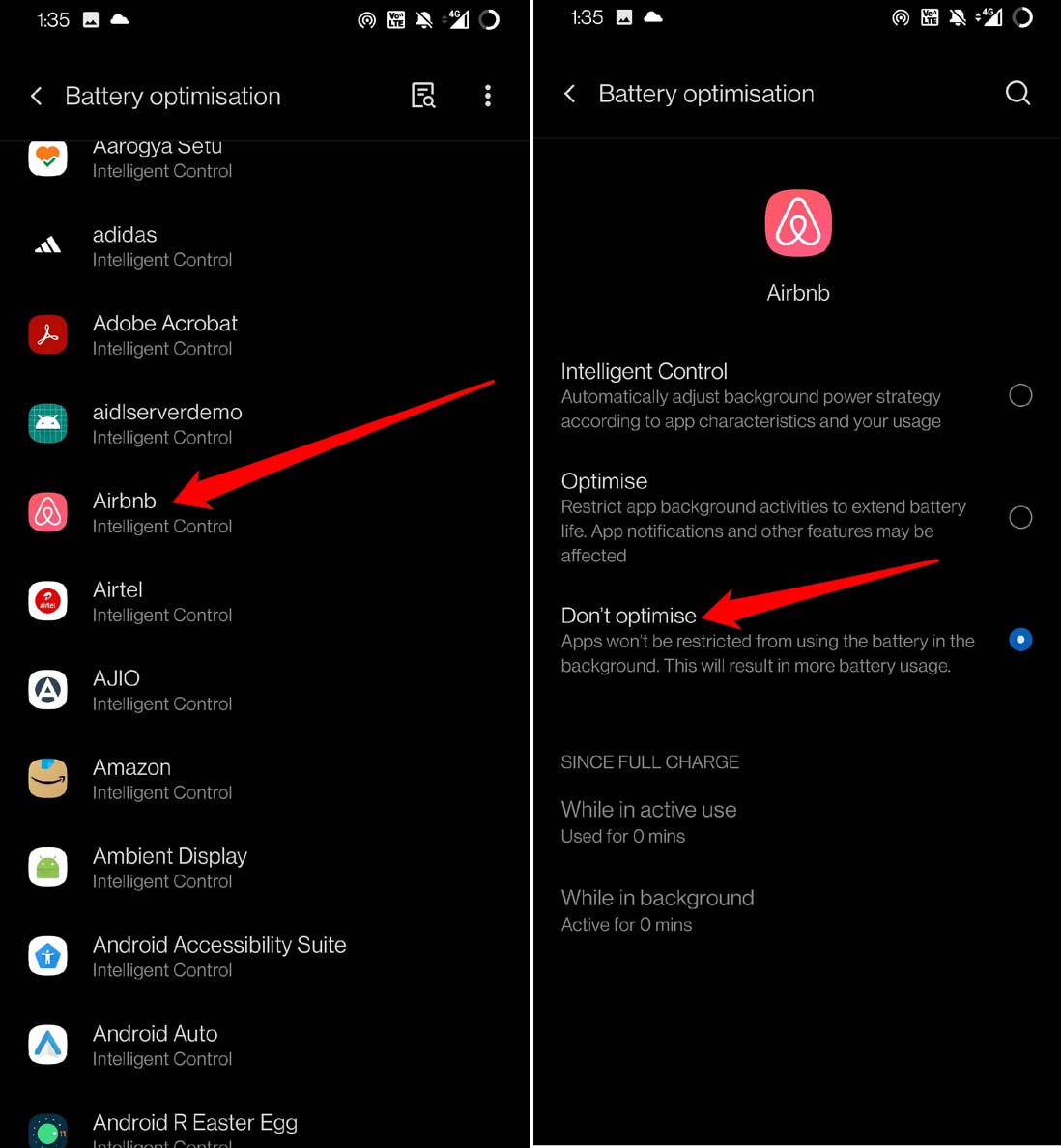 disable adaptive battery for Android app