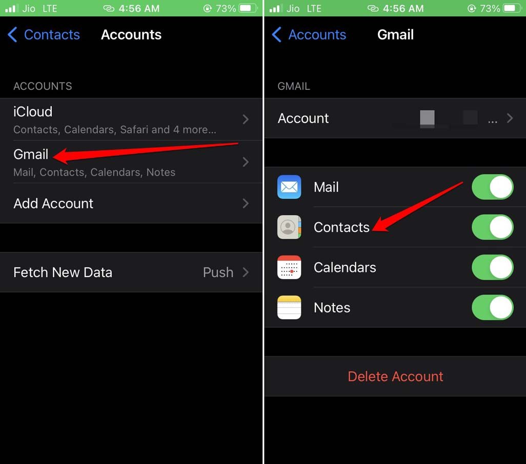 disable and enable contacts for Email account