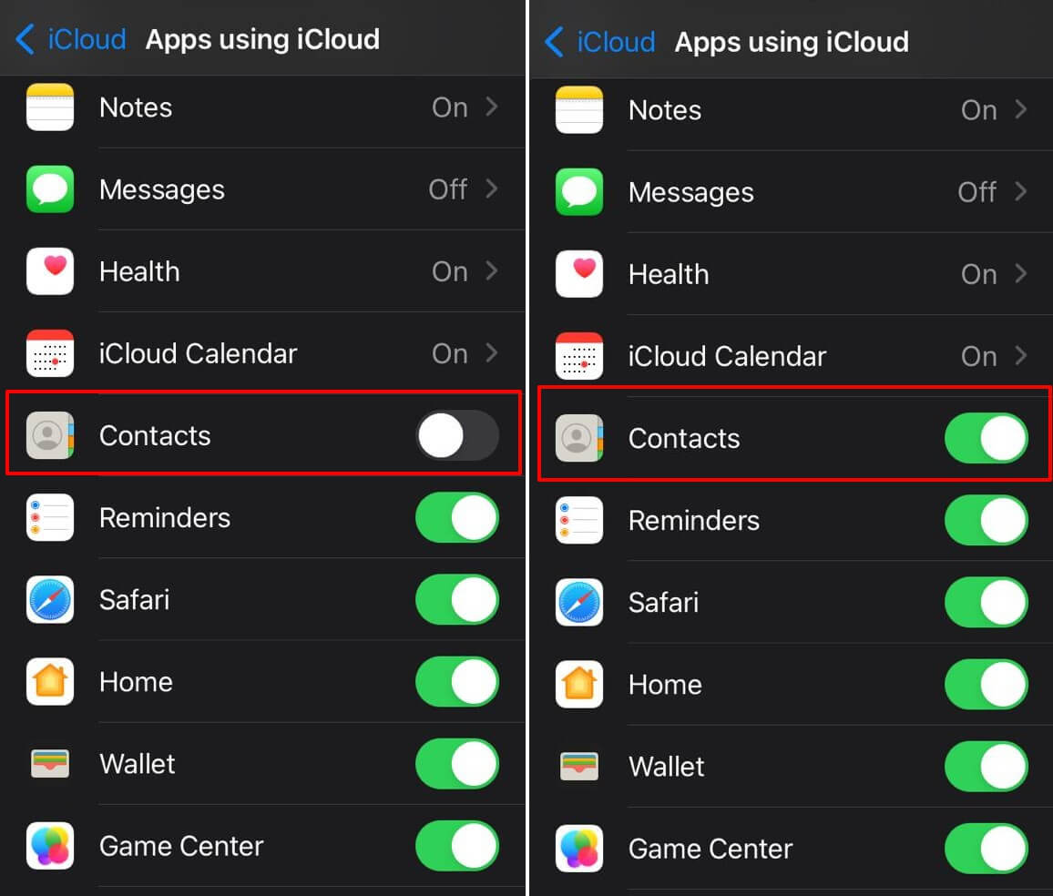 disable and enable iCloud Contacts sync