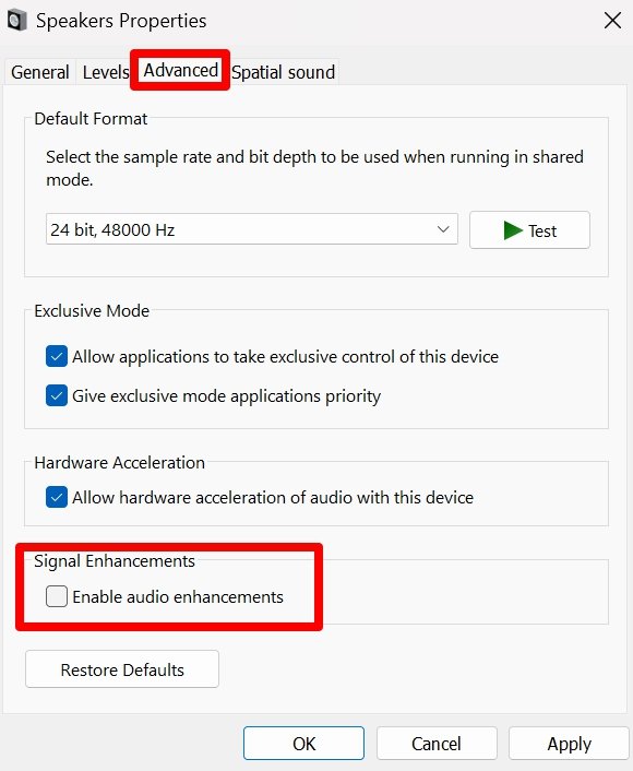 disable audio enhancements in Windows 11