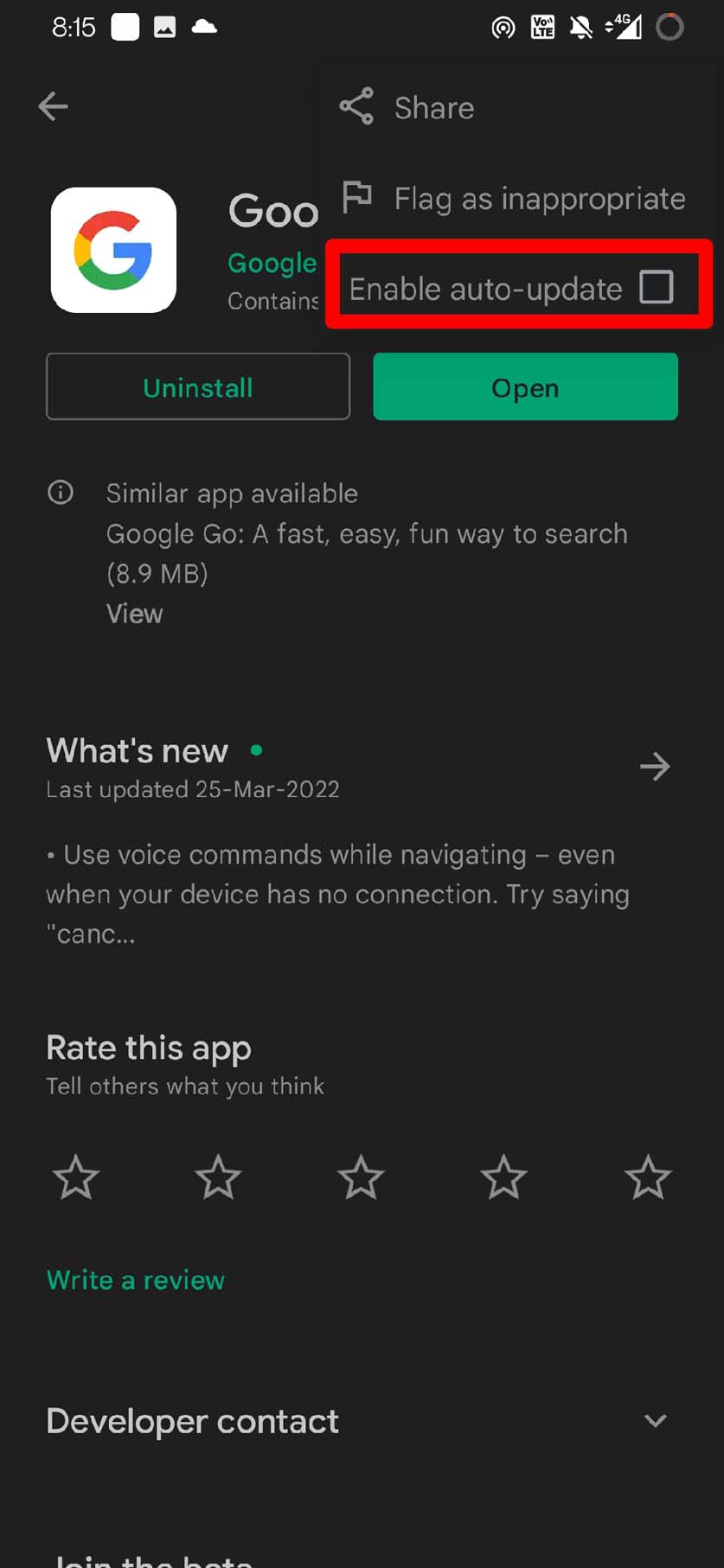 disable auto updates for Google app