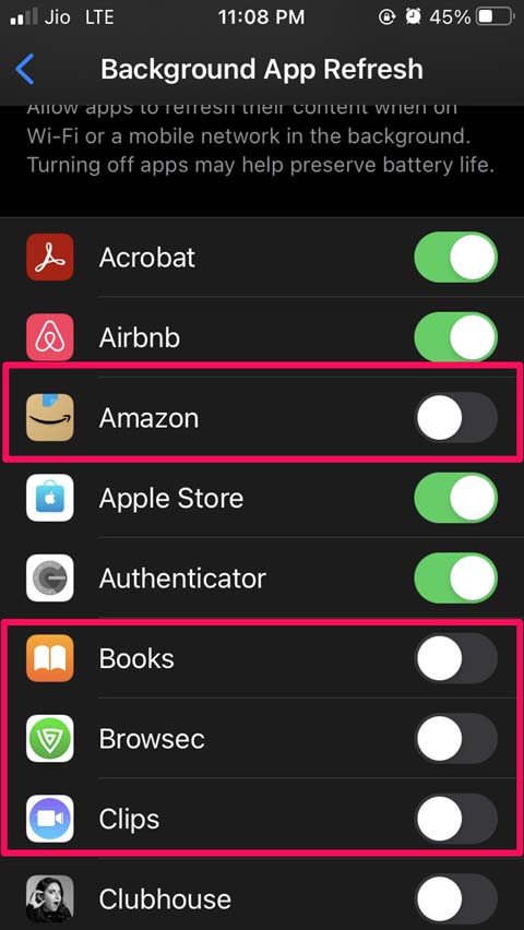 disable background app refresh iOS apps