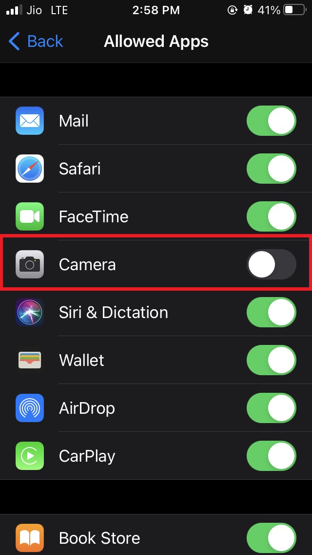 disable camera under allowed apps