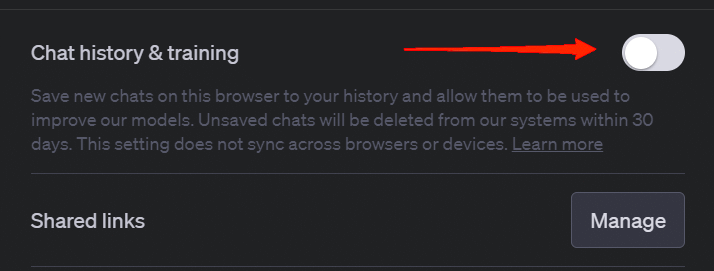 turn off the toggle for "Chat History & Training