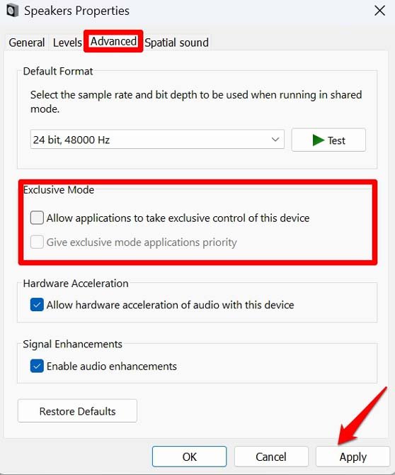 disable exclusive mode for system audio