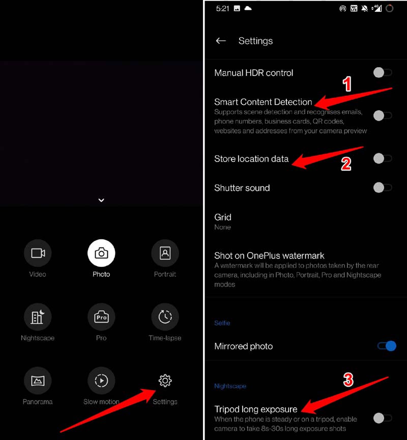 disable features of camera app on Android