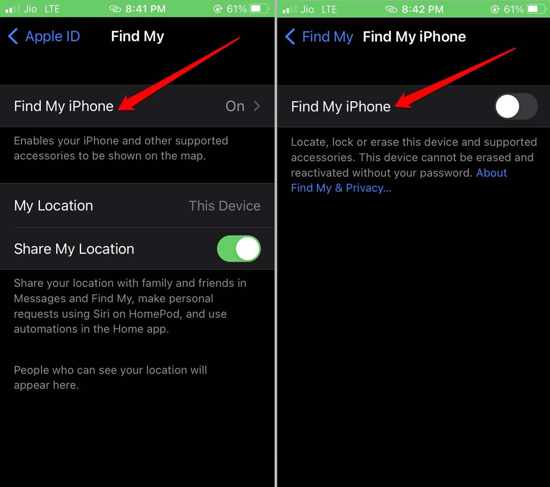 disable find my iPhone