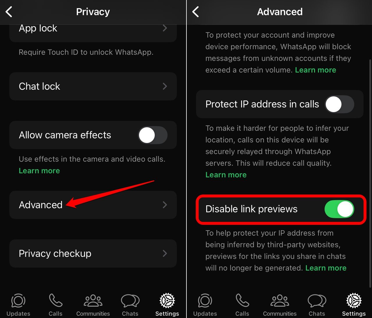 disable link preview in WhatsApp iOS