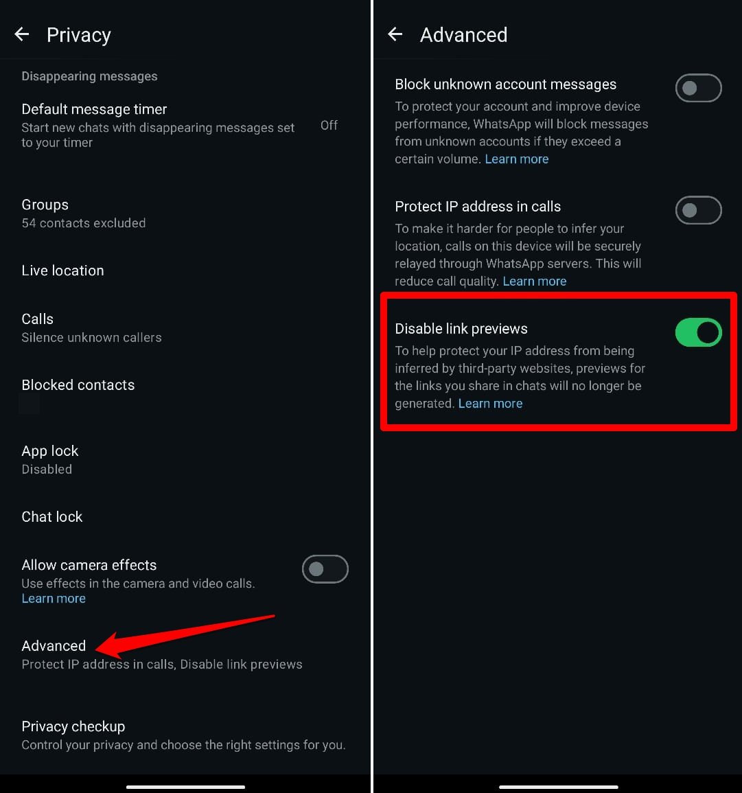disable link previews in WhatsApp Android