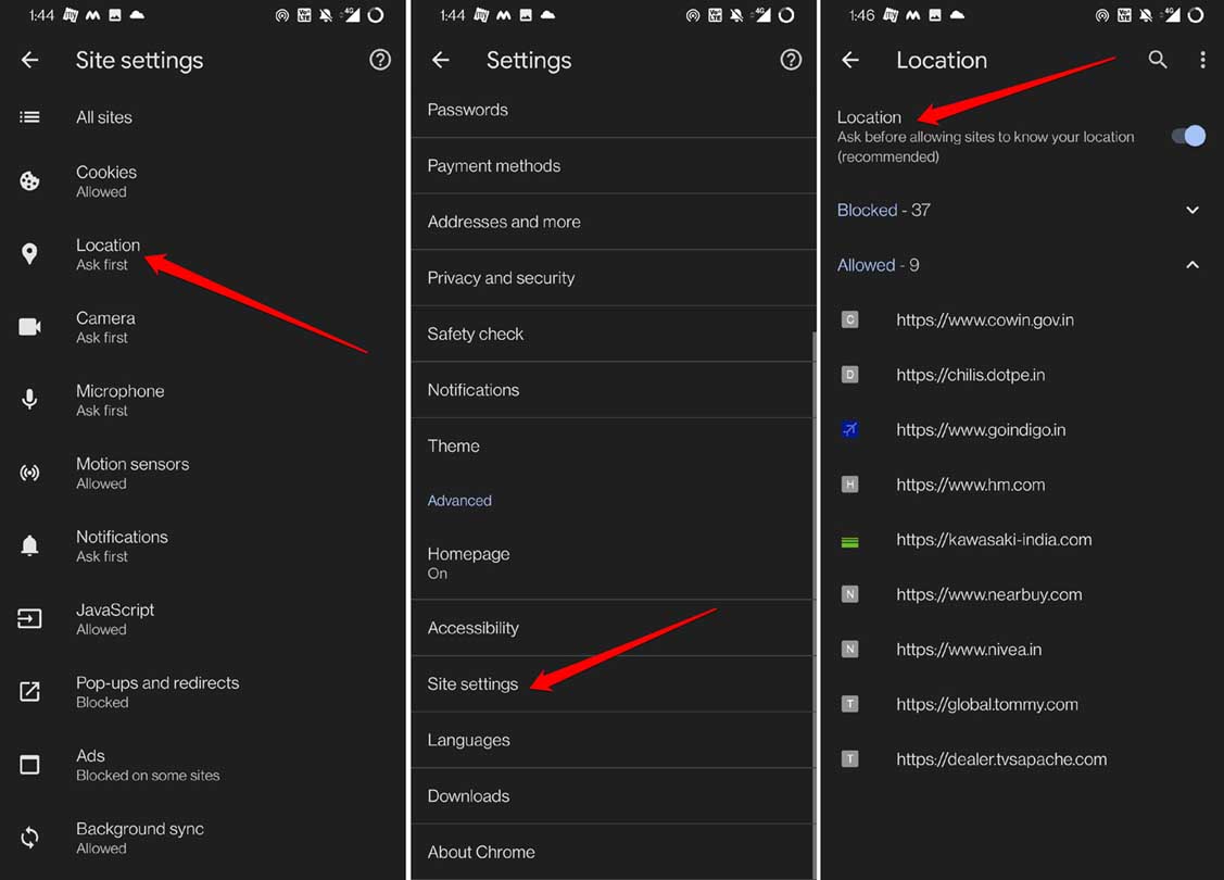 disable location access for Chrome in Android