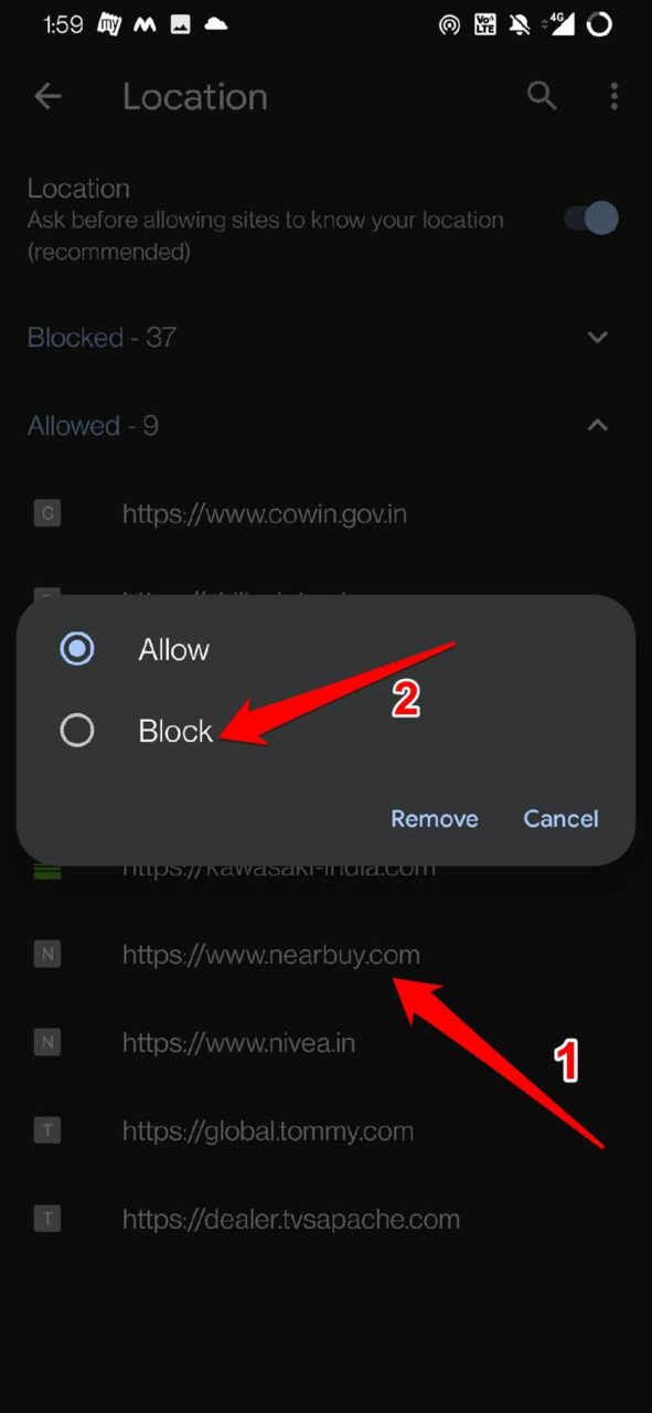 disable location access for a website on Chrome Android