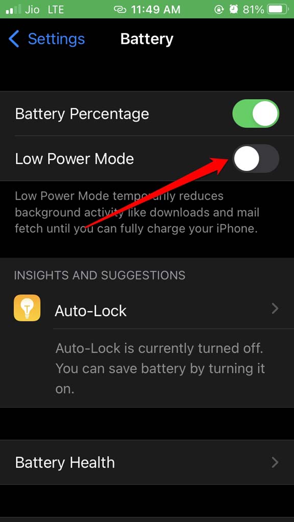 disable low power mode iOS