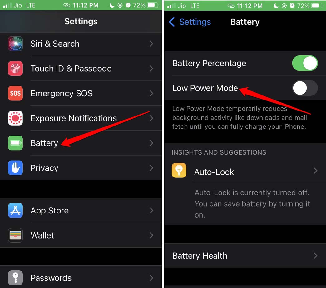 disable low power mode iPhone