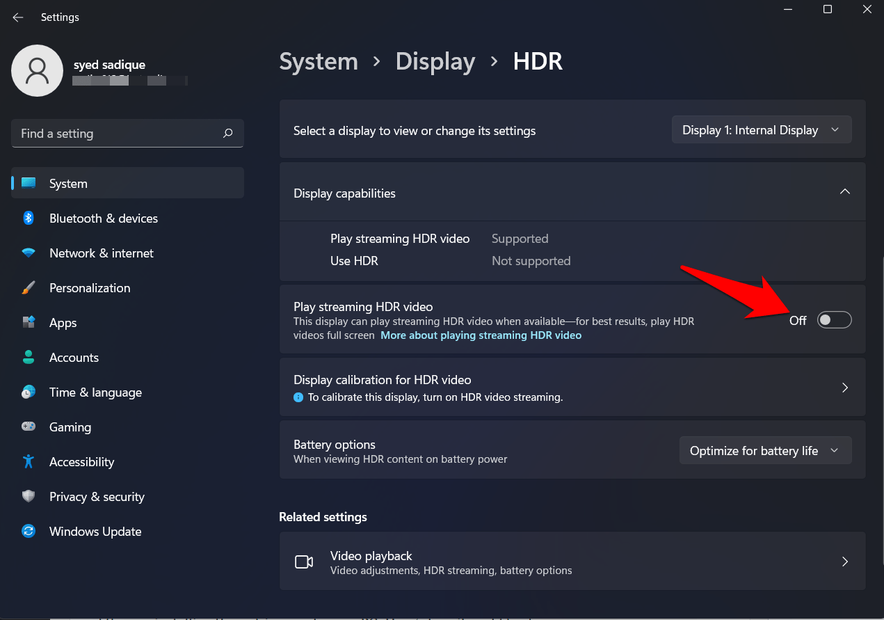 disable play streamig hdr videos windows 11