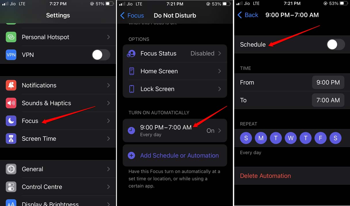 disable schedule of iOS Focus mode