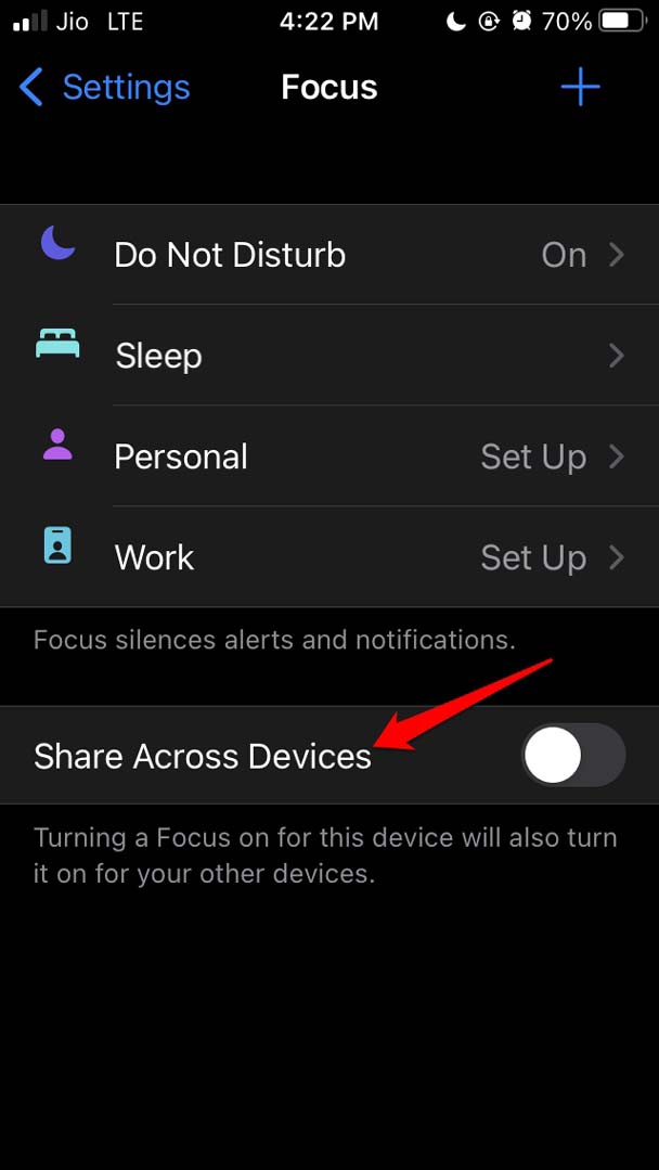 disable share across devices focus mode iOS 15