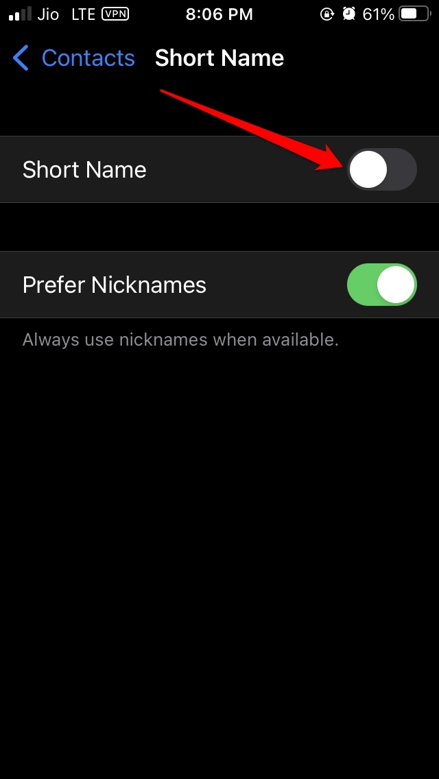 disable shortname contacts iOS