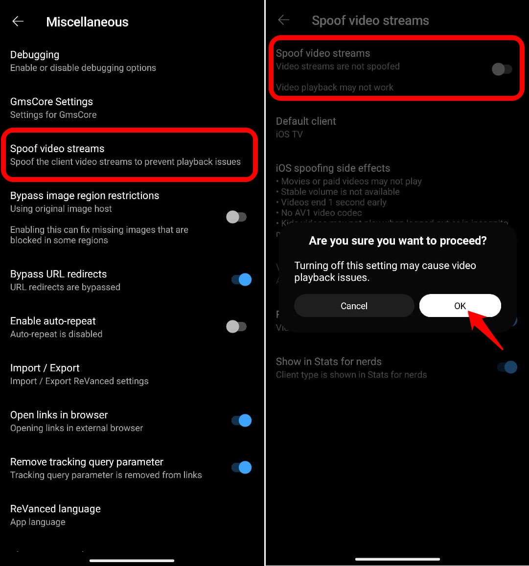 disable spoof video streams in YouTube revanced