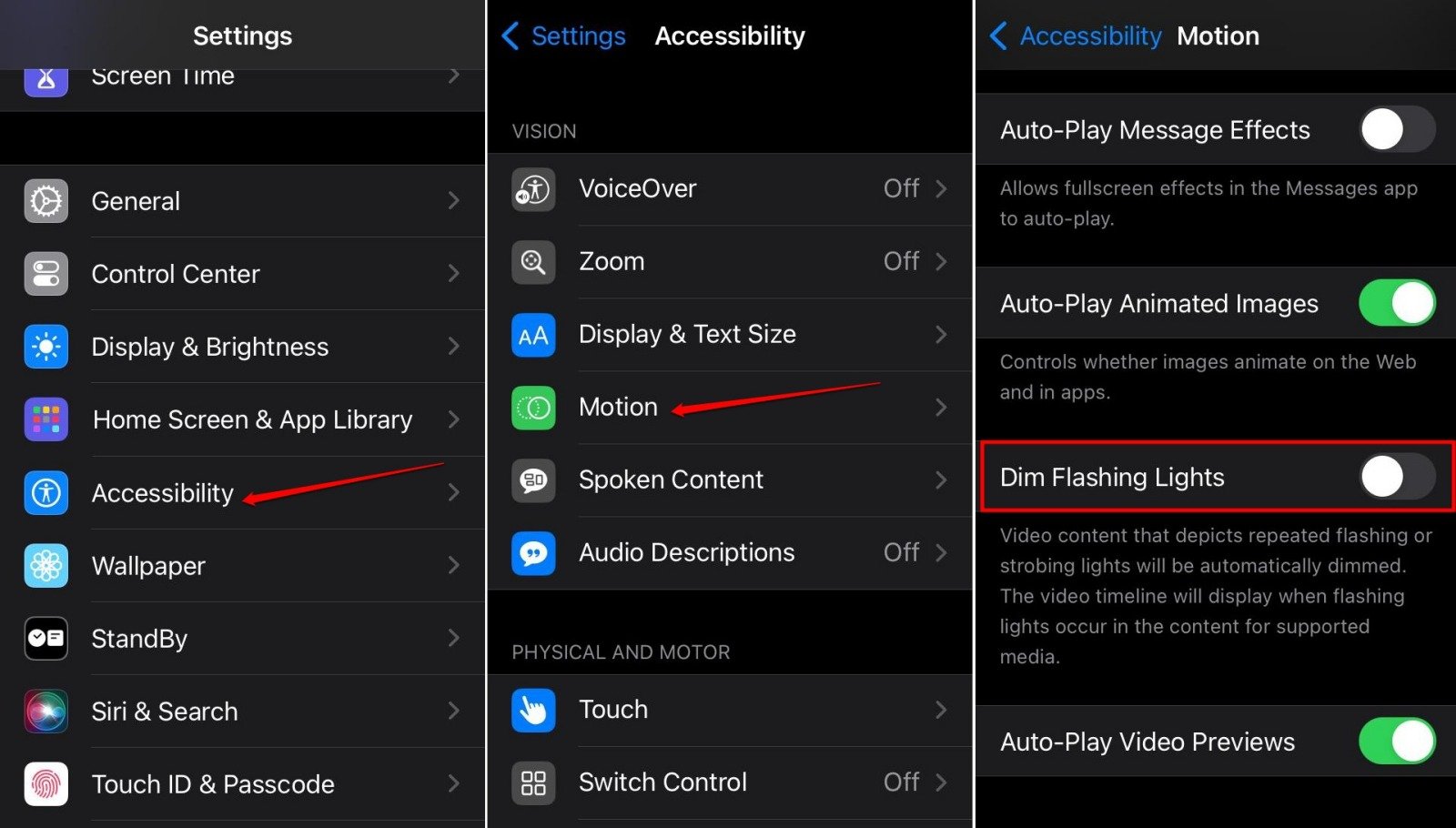 disable the Dim flashing lights feature on iOS