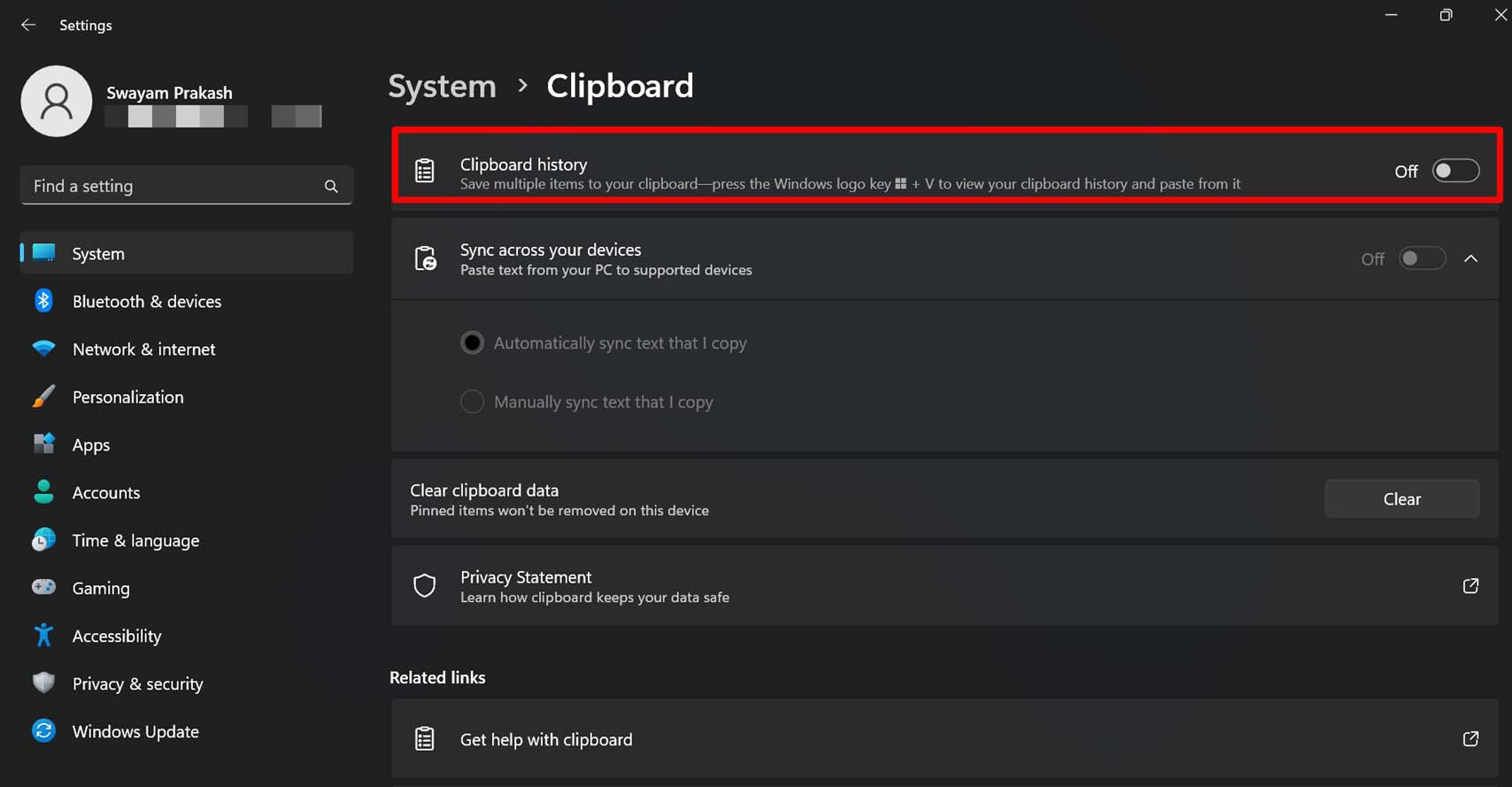 disable the clipboard history in Windows 11