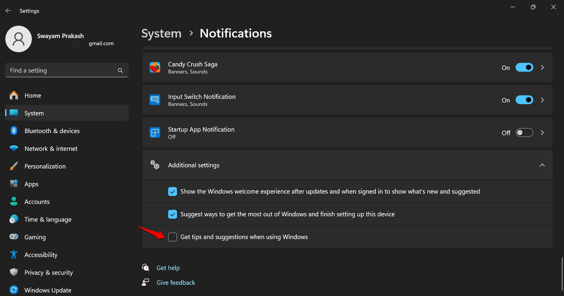 disable-tips-and-suggestions on Windows 11 from settings app