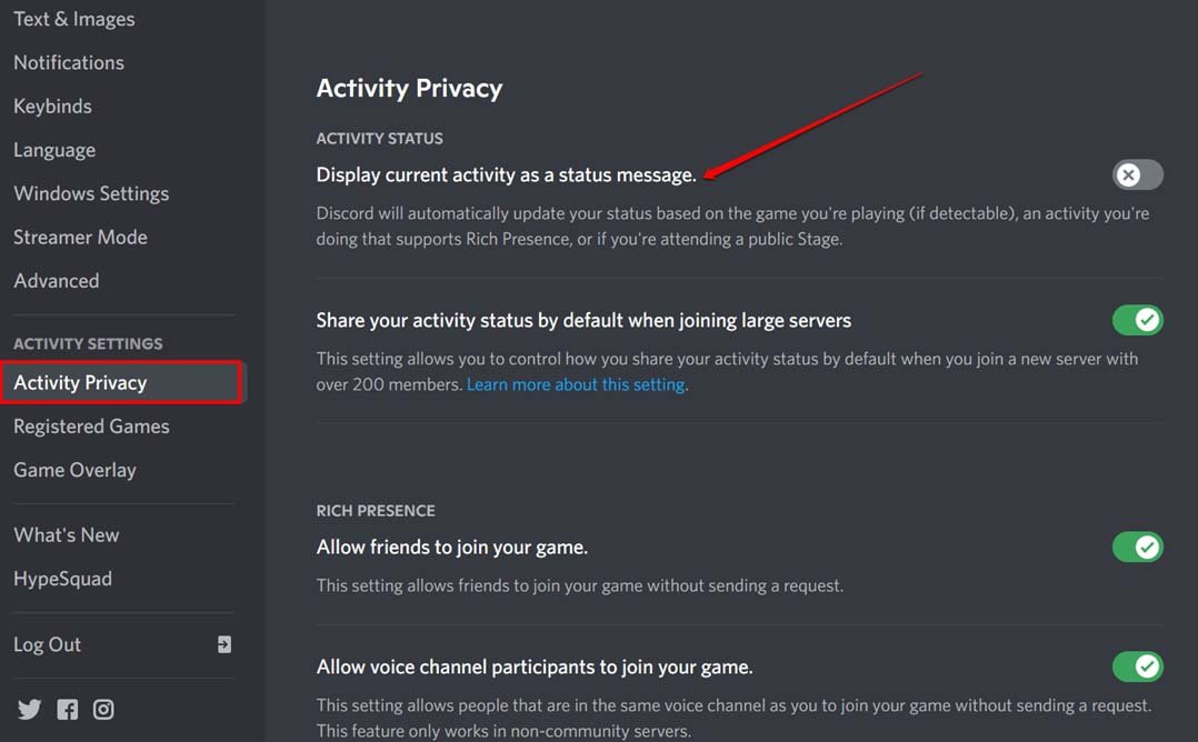 disable current activity as status message Discord