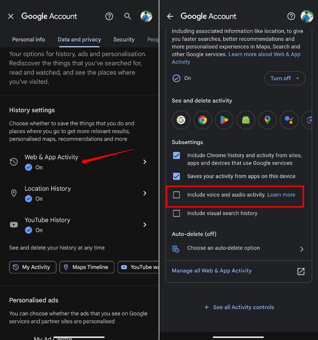 do not include voice activity on google app