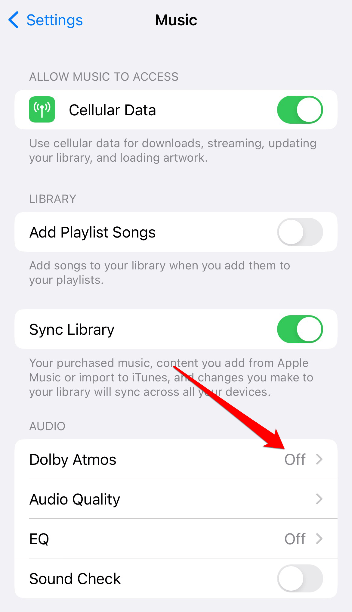 In the Audio section, tap Dolby Atoms and choose Off.
