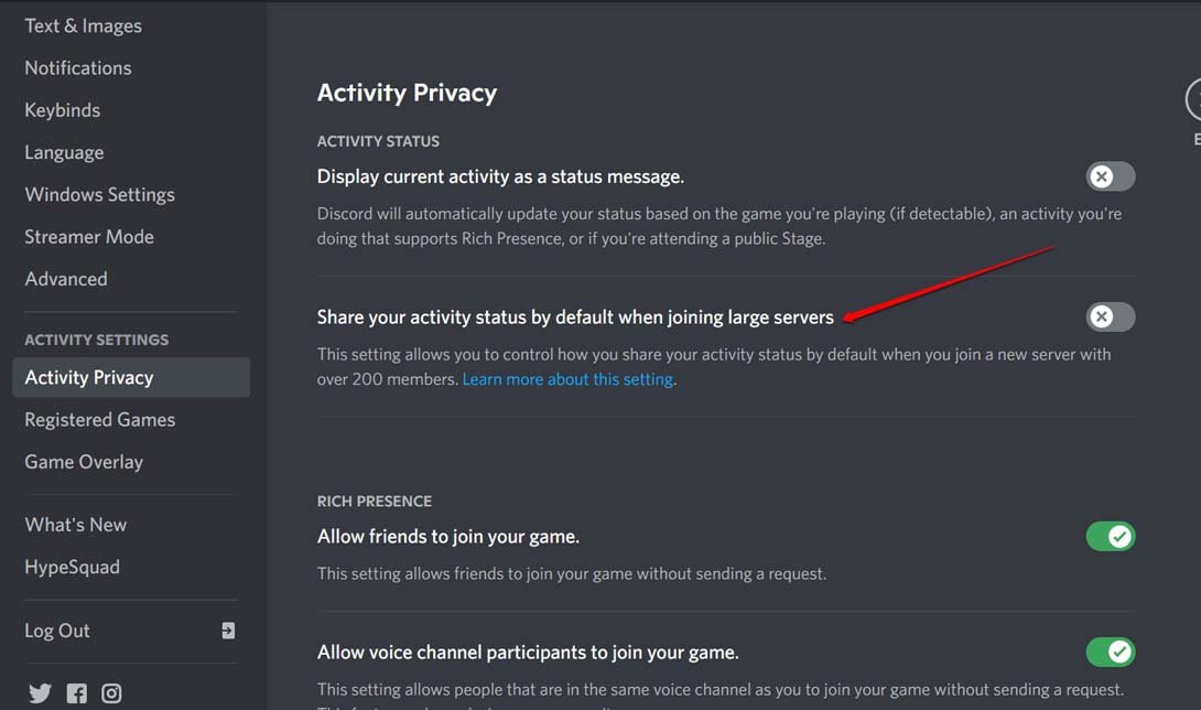 dont share activity while joining large servers