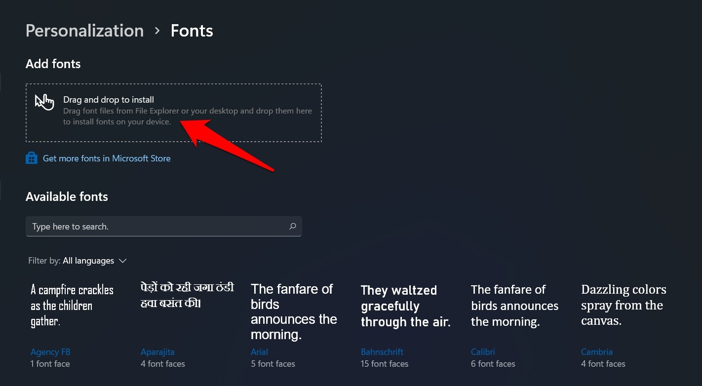 drag fonts to install them in windows 11