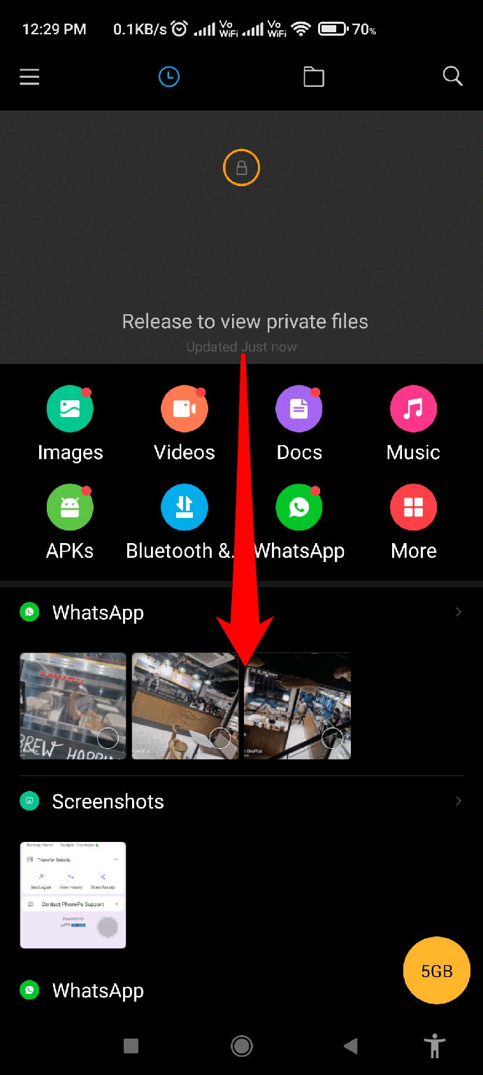 pull down to acess your hide videos in anadroid phone files manager