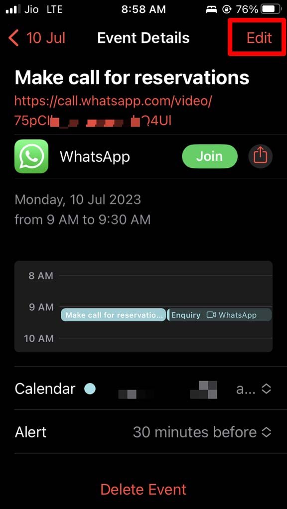 edit scheduled WhatsApp call iPhone