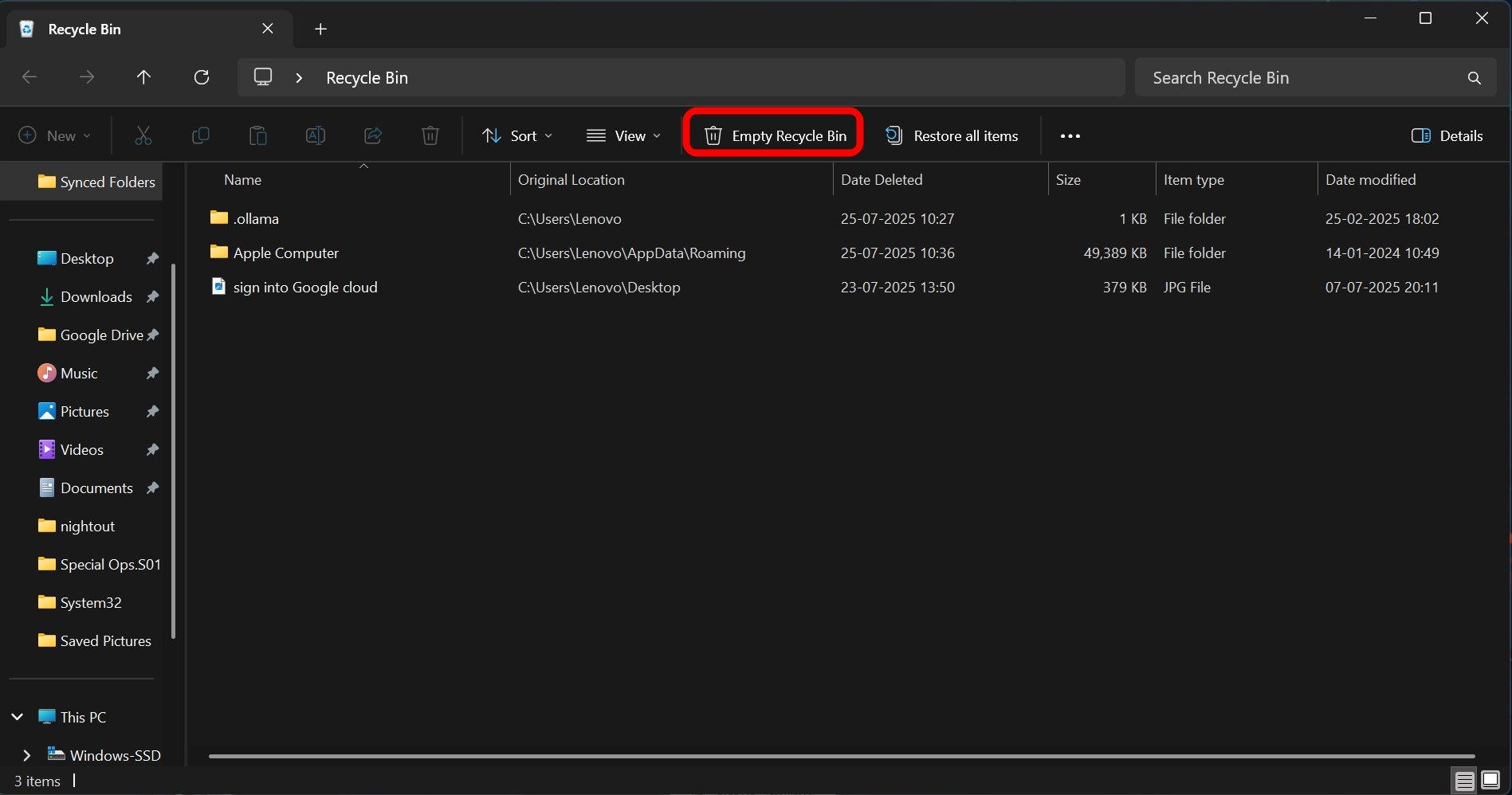 empty recycle bin windows 11