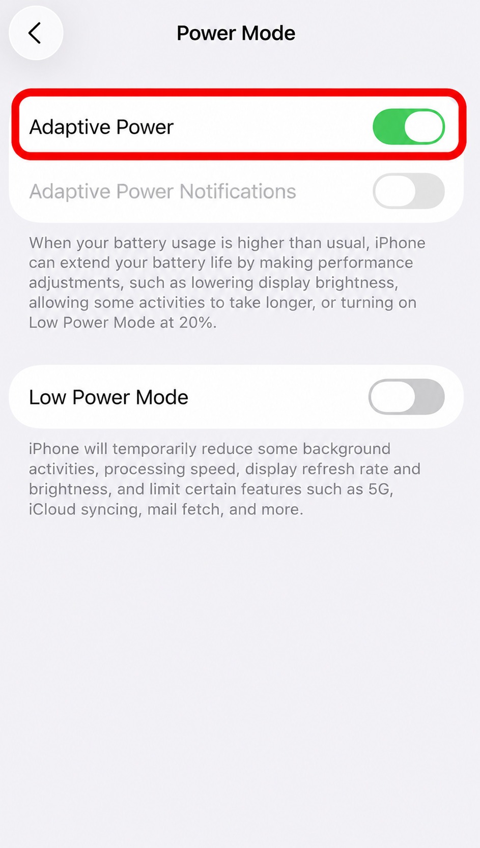 enable Adaptive power in iphone